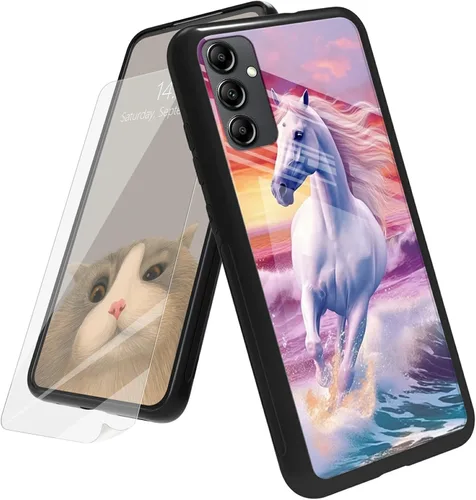 Vista 201 de Funda para Samsung Galaxy A12 5G con protector de pantalla, parte trasera de vidrio templado + TPU de silicona suave que absorbe los golpes