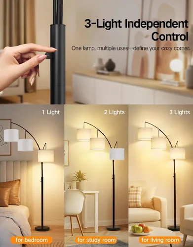 Vista 3 de OUTON Lámpara de pie LED de arco, lámpara de pie alta moderna negra de 3 luces para dormitorio, 2400lm lámparas de esquina de pie ajustables