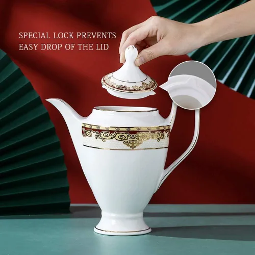 Vista 4 de Porlien - Juego exquisito de 4 de tazas de té/café y platos dorados con bordes rojos. De porcelana, para la hora del té o fiestas de té. Empaque