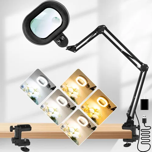 Vista 12 de Lupa 12X con luz con abrazadera, brazo largo extendido de 35.2 pulgadas Overhead Button Magnifier Lamp 4.2in Real Glass, Adjustable