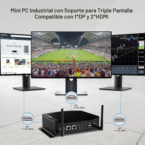 Vista 3 de BASOARO PC sin ventilador, Mini PC industrial Core i7 10510U, 64 GB de RAM 512 GB SSD, Gigabit Ethernet, 2 RS232 COM, pantalla triple 2HD DP, 6 USB