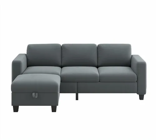 Vista 7 de Sofás modernos de 3 asientos para sala de estar con otomana de almacenamiento Sofá de terciopelo gris