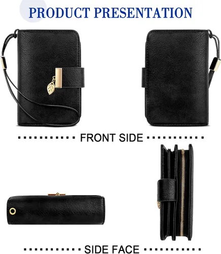 Vista 6 de Cartera pequeña con bloqueo RFID para mujer, de cuero, compacta, plegable, con 18 ranuras para tarjetas, con bolsillo para monedas, Negro