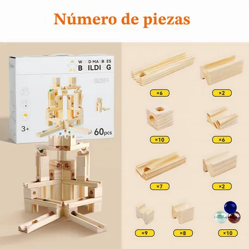 Vista 7 de Pista de Canicas de Madera para Niños de 4 a 8 años, 60 piezas de bloques de construcción de madera y juego de construcción, juego de laberinto
