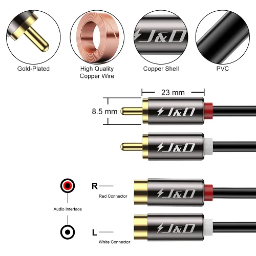Vista 2 de J&D Cable de extensión de 2 RCA, cable RCA, cable de extensión de audio estéreo de 2 RCA macho a hembra chapado en oro con cubierta de cobre