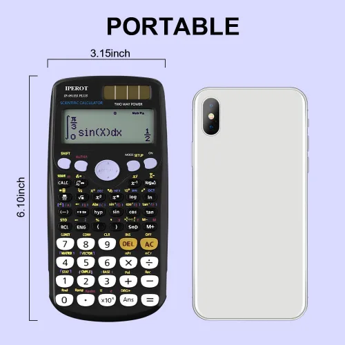 Vista 5 de Calculadoras científicas, IPEROT Calculadora matemática negra con 417 funciones, energía solar y batería de 4 líneas, suministros escolares
