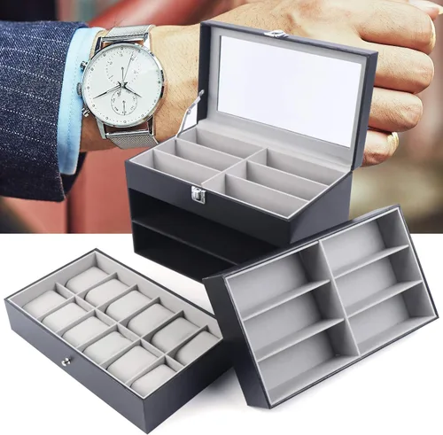 Vista 9 de Caja de cuero para 12 relojes y 12 piezas de almacenamiento para lentes y gafas de sol, cajón con cerradura con cerradura, color negro
