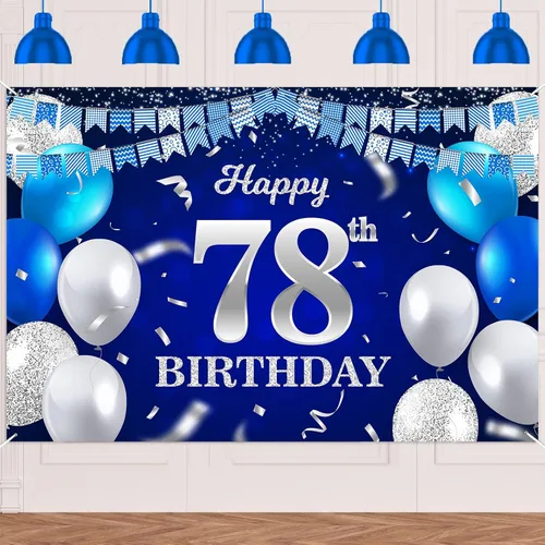 Vista 78 de Bandera de feliz primer cumpleaños con fondo azul marino, globos, confeti, bandera de rayas, luces de puntos, felicitaciones por el tema de 1 año