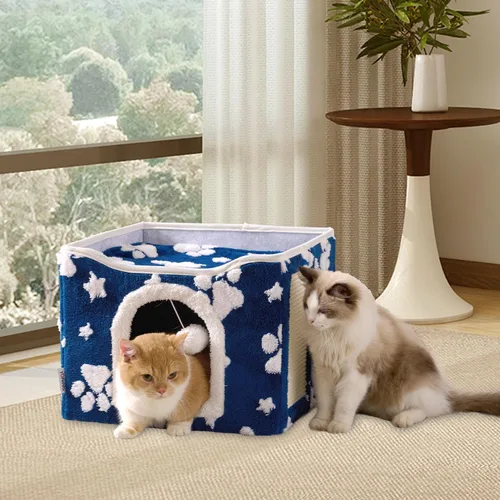 Vista 7 de Casas para gatos de interior, bonita cueva para gatos con bola esponjosa para colgar y almohadilla para rascar, escondite plegable para gatitos, 17