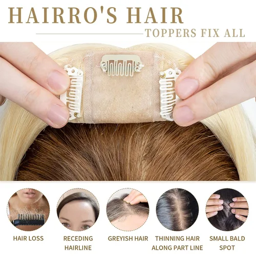 Vista 5 de Hairro Toppers de cabello humano 100% real para mujeres sin flequillo, postizos de cabello real con clip, base de seda transpirable para cubrir