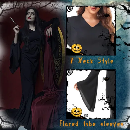 Vista 4 de Morticia Addams - Vestido de Halloween para mujer adulta, disfraz familiar Addams, vestido largo con cuello en V y manga larga