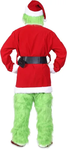 Vista 2 de HEKULLA Disfraz de monstruo de lujo verde para hombre 7 piezas conjunto de traje de Papá Noel peludo de Navidad