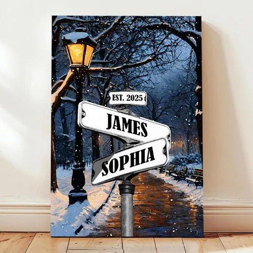 Vista 19 de Señal de calle vintage personalizada para parejas en lienzo, nombres y fecha personalizados, regalos de Navidad para ella o él, regalo del Día