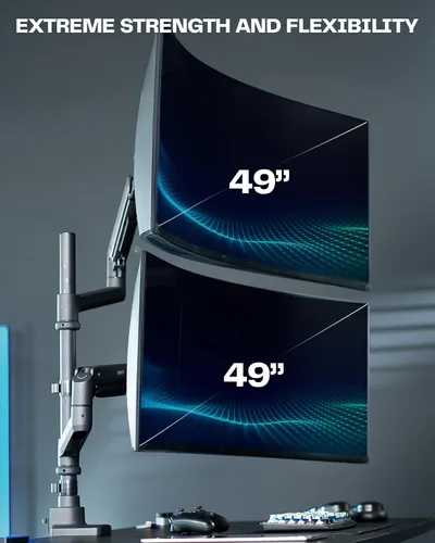 Vista 2 de VIVO Soporte de escritorio extra alto para monitor ultraancho doble con brazo neumático para pantallas de hasta 49 pulgadas, abrazadera resistente