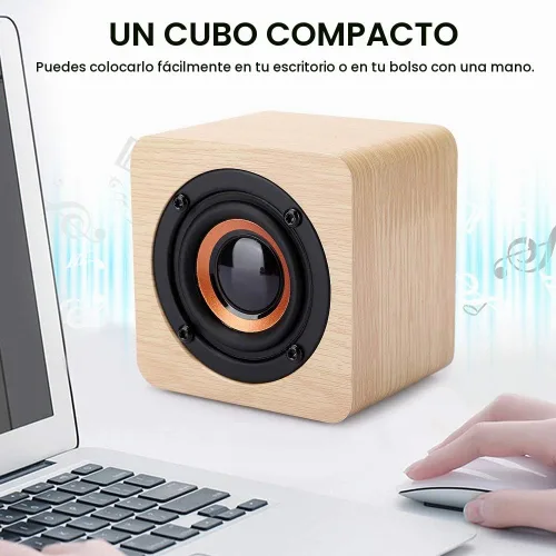 Vista 2 de Altavoz Bluetooth retro, altavoz portátil de madera amarillo alimentado por USB con sonido HD y graves ricos para computadora PC