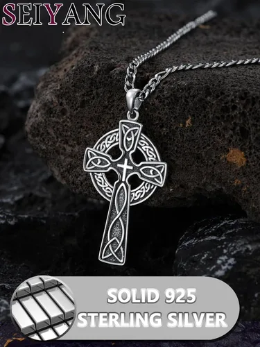 Vista 5 de Seiyang Collar de cruz de plata de ley 925 con colgante de crucifijo Ankh para hombres y mujeres, con cadena Rolo de 0.079 in, 22 pulgadas + 2