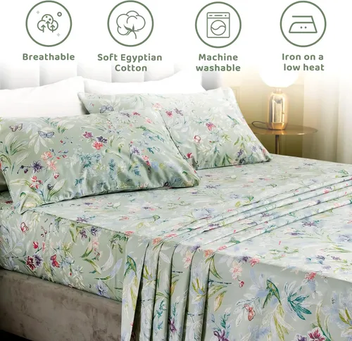 Vista 2 de QSH Juego de sábanas de tamaño individual 100% algodón egipcio, estampado de flores verdes con pájaros, mariposas y botánicas, lujo impreso, ropa