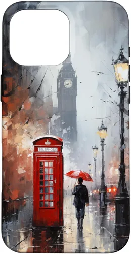 Vista 19 de Funda para iPhone 16 Wet London Iconic Red Phone Booth Clocktower Art Cover Phone Case