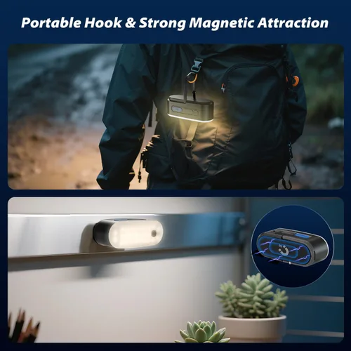 Vista 4 de Clemas Linterna LED Portátil para Acampada, Luces Recargables con Sensor de Movimiento, Luces USB Ligeras Colgantes para Tienda, Luz Magnética