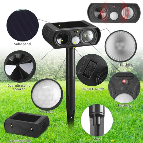 Vista 2 de Qualirey Paquete de 3 repelentes solares ultrasónicos de animales para exteriores, impermeable, defensor de gatos con detección de movimiento