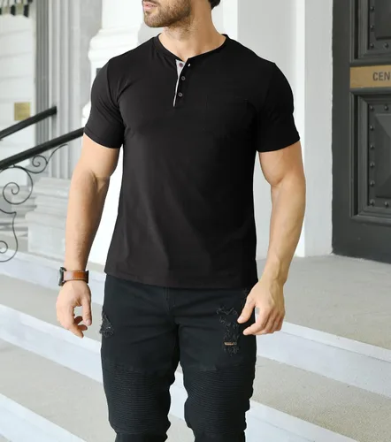 Vista 5 de MLANM Mens Fashion Henley Shirts Short Sleeve Button Cotton T-Shirt