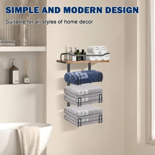 Vista 7 de NearMoon Toallero con estante de madera, soporte organizador de toallas de metal inoxidable para almacenamiento de baño, montado en la pared