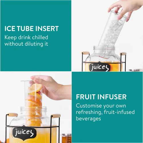 Vista 6 de Navaris Dispensador de bebidas en tarro de vidrio con grifo, incluye soporte de metal, tubo de hielo e infusor de frutas, para cóctel, limonada