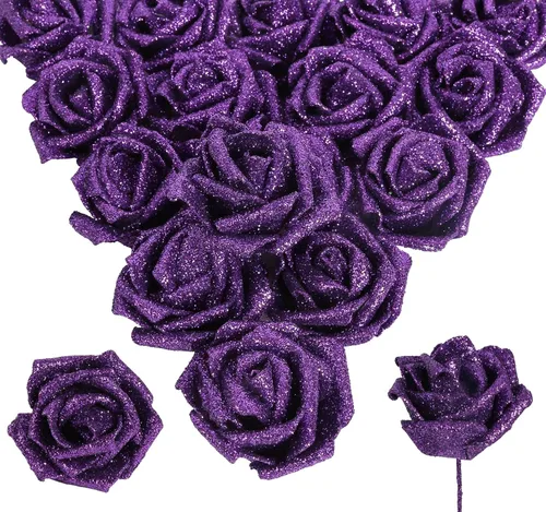 Vista 13 de 30 rosas doradas con purpurina, rosas artificiales de espuma dorada de 2.56 pulgadas con tallos para centros de mesa de despedida de soltera, ramo