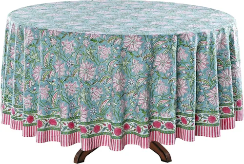 Vista 6 de Ridhi Mantel redondo con estampado de bloques a mano, color azul turquesa