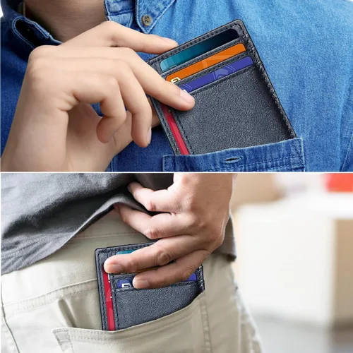 Vista 3 de AMEHA Cartera minimalista delgada para hombre, bolsillo frontal, de cuero real, con bloqueo RFID, tarjetero de crédito comercial con ventana