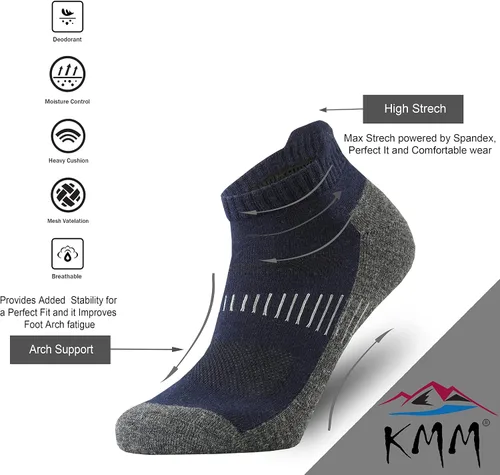 Vista 2 de KMM Calcetines tobilleros de lana merina para hombre con cojín de lengüeta baja para verano para senderismo al aire libre, golf, mocasín, tenis