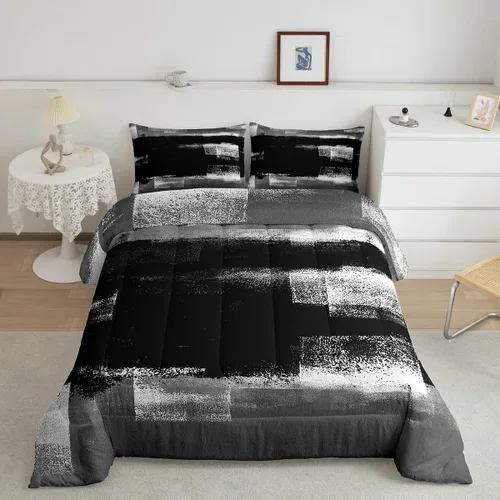 Vista 36 de Erosebridal - Juego de ropa de cama con edredón a cuadros de retazos tamaño individual, aguada geométrica en cuadrícula, conjunto retro grunge