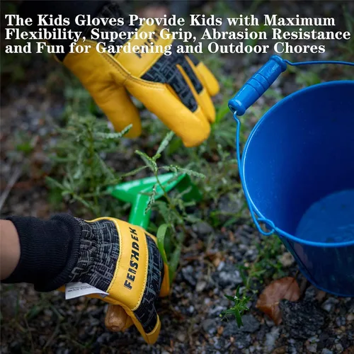 Vista 5 de Kids Winter Gloves, 3M Thinsulate Lined Warm Insulated Toddler Work Gloves with Soft Sheepskin for Cold Weather negro+amarillo