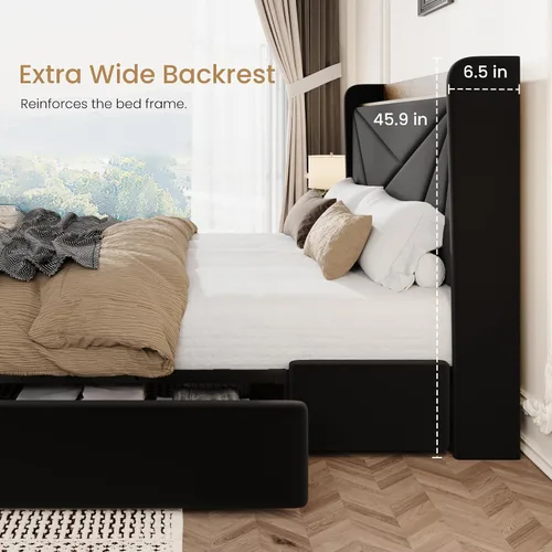 Vista 7 de SHA CERLIN Base de cama tamaño matrimonial con 3 cajones, puertos de carga USB y tipo C, cama plataforma tapizada en terciopelo con cabecera