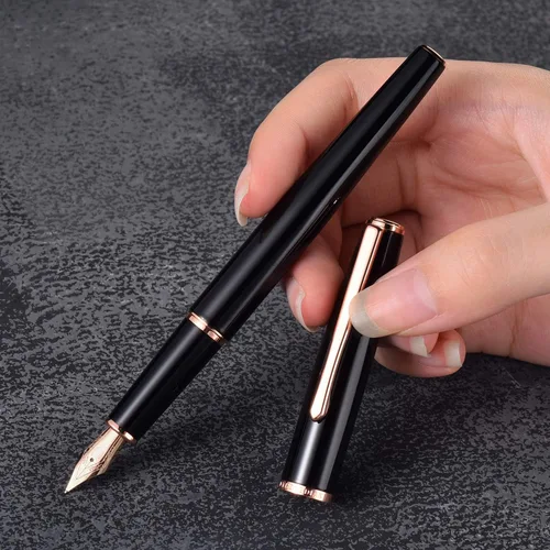 Vista 4 de Hongdian 920 - Pluma estilográfica de metal negro, chapado en oro rosa, pluma de escritura suave, pluma clásica con convertidor de tinta