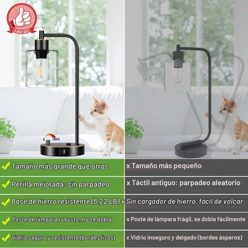 Vista 2 de Juego de 2 lámparas de mesa industriales negras y doradas con puerto USB, lámparas de noche regulables totalmente continuas para dormitorios Vidrio