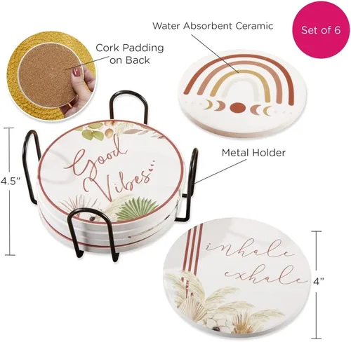 Vista 6 de Kate Aspen Posavasos de cerámica boho con soporte (juego de 6), decoración bohemia para el hogar y juego de regalo, recuerdo de fiesta, regalo