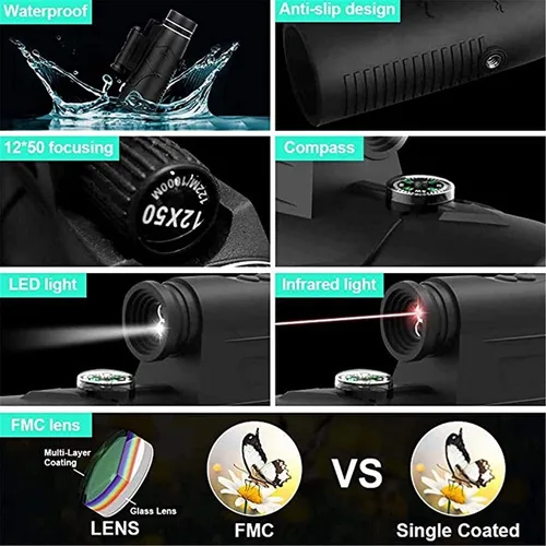 Vista 2 de 12x 50 HD Monocular Telescope with LED Flashlight Night and Phone Holder Tripod for Bird Watching, Hunting, Hiking, Concert, Travel