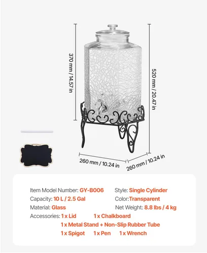 Vista 7 de VEVOR Dispensador de bebidas, dispensador de bebidas de 2.5 galones para fiestas, dispensador de jugo de vidrio con soporte de metal, grifo de acero
