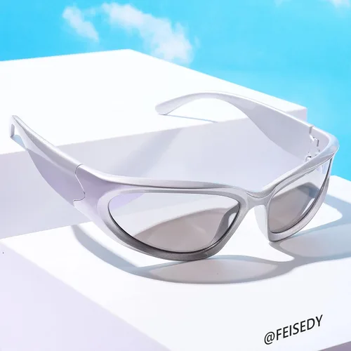 Vista 7 de FEISEDY Gafas de sol futuristas envolventes ovaladas y frescas Y2K con marco grueso vintage de los años 90 para hombres y mujeres B2951