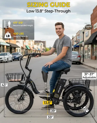 Vista 9 de Skeri Triciclo eléctrico, triciclo eléctrico de 1000 W para adultos, bicicleta eléctrica plegable de 3 ruedas de 20 pulgadas, triciclo E con batería