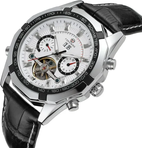 Vista 5 de Forsining Reloj automático original de cuerda automática Tourbillion calendario correa de cuero FSG340M3T2 para hombre, Blanco y plateado