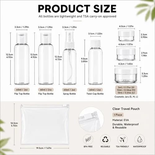 Vista 2 de Conjunto de 7 – Botellas vacías tamaño de viaje de plástico transparente, aprobado por la TSA/Aerolínea