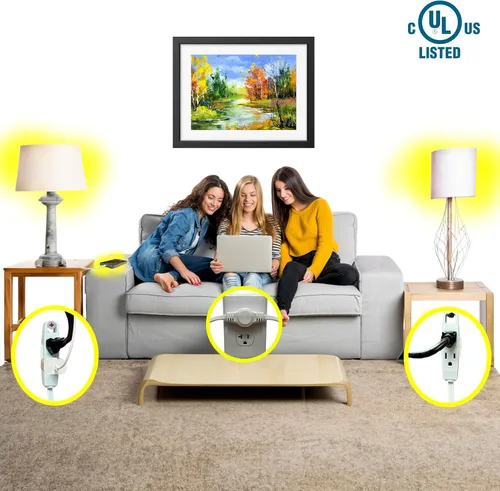 Vista 4 de W4W, Regleta de alimentación con cable de extensión doble - Cable de 12 pies - 6 pies en cada lado - Enchufe de cabeza plana (abraza la pared) - 6