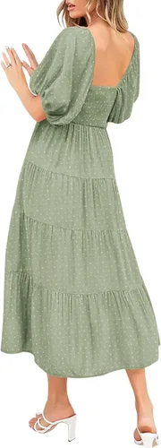 Vista 2 de PRETTYGARDEN Vestidos de primavera 2024 para mujer, manga abombada, cuello en V, punto suizo, cintura alta, vestido de gasa con escalones, vestidos