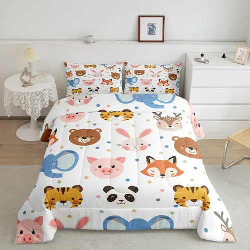 Vista 2 de Feelyou Juego de edredón de animales de zoológico, tamaño individual, juego de ropa de cama de animales de dibujos animados para niños, niñas