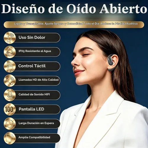Vista 3 de Auriculares de oído abierto, auriculares inalámbricos con pantalla digital Negro