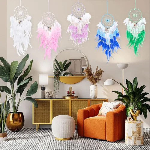 Vista 7 de Atrapasueños de árbol de la vida de mariposa de ensueño, decoración de pared, atrapasueños azul con piedra de cristal, atrapasueños de plumas hechas
