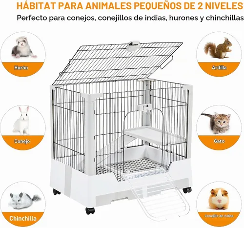 Vista 4 de Yaheetech 30 Pulgadas Jaula para Animales Pequeños de 2 Niveles con Parte Superior Abierta para Conejos en Ruedas con Bandeja Extraíble para Cobaya