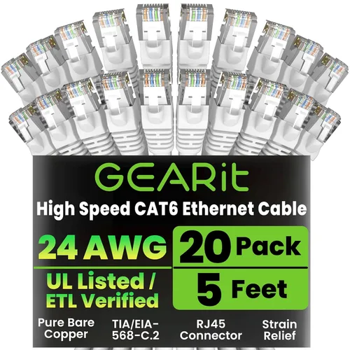 Vista 43 de GEARit Paquete de cables Ethernet Cat 6 - Paquete de 20 cables de conexión Ethernet Cat6 de 1 pie Cable de conexión de red RJ45, conectores sin
